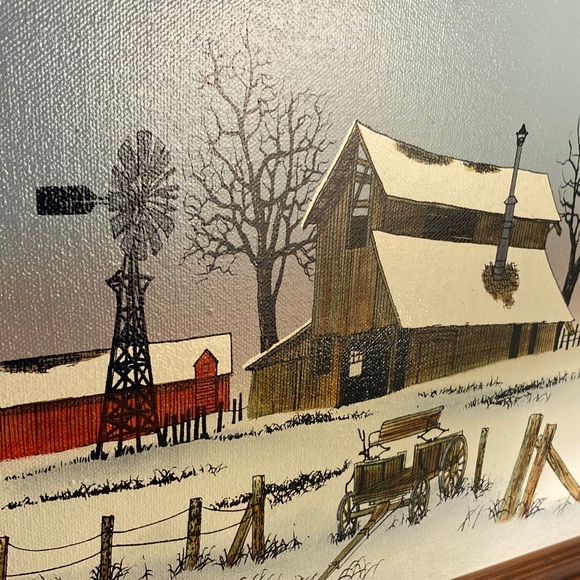 H. Hargrove Serigraph Framed Winter Barn Scene Painting - Picture 3 of 7